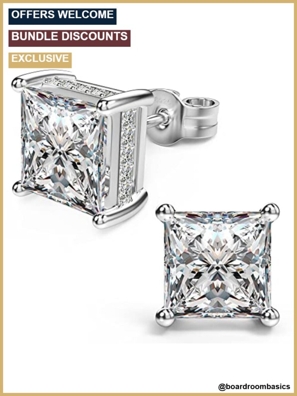 Princess Cut Cubic Zirconia Stud Earrings 18k White Gold Plated 925 Sterling